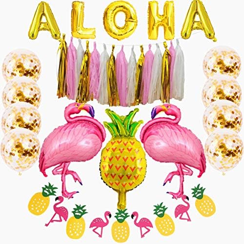 32PCS Hawaiian Party Decoration Kit Aloha Beach Party Décor Supply Set - 16" Aloha Foil Balloon, 32" Pineapple & 18" Famingo Balloon, Famingo Pineapple Banner, Tassel Garland, 12" Confetti Balloon