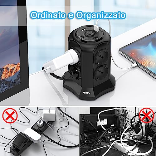 TOPREK Vertical Power Strip with 8 Universal Sockets ITA 10/16A and Schuko and 2 Type C and 2 Type A (USB-C1 20W PD3.0 Quick Charge), 4000W/16A, Power Strip with Switch, 2M Cable, 16A Plug, Black