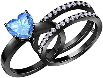 1.50 Ct Heart Shape Blue Topaz &amp; Simulated Diamond Enhancer Solitaire Engagement Ring 14k Black Gold Plated Guard Wrap Jacket
