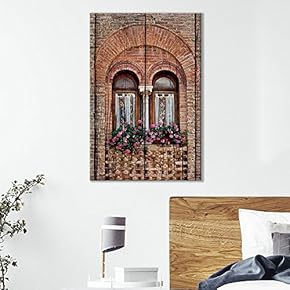 of Red Arched Windowsill with Colorful Flowers