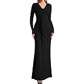 EYNMIN Long Sleeve Maxi Dress V Neck Ruffle Bodycon Mesh Elegant Formal Wedding Guest Dresses for Women 2025 Fall