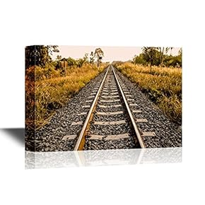 Watercolor Style Autumn Scenery Long Railway in The Yellow Meadow