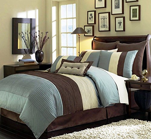 Chezmoi Collection 8-Piece Luxury Striped Comforter Set (Blue/Brown/Beige, King)