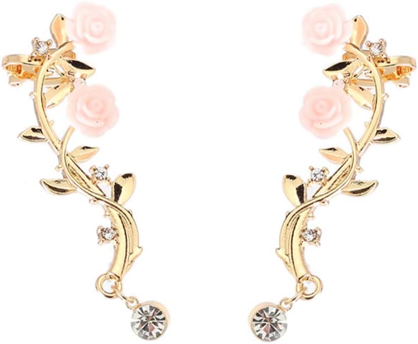 1Pair Vintage Rose Flower Branch Charm Rhinestone Ear Crawler Earrings Cuff Climber Rhinestone Pierced Earring Ear Cuff Pin Vine Wrap Jewelry Gift for Women Girls Golden