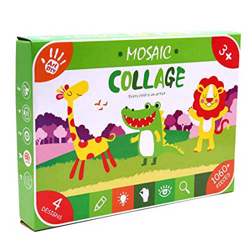 Lovyan Mosaic Stickers Art Kits for Kids 4 Pack DIY Handmade Art Crafts with Card Stands, 1080 Sticky Tiles (Zoo Animals)