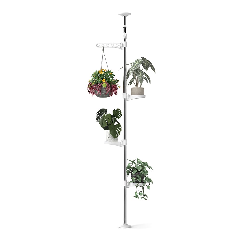 Hershii 4-Tier Indoor Plant Stand Tension Pole Corner Standing Shelf Adjustable Flower Pots Holder Display Rack for Windowsill, Bathroom Vanity - Ivory