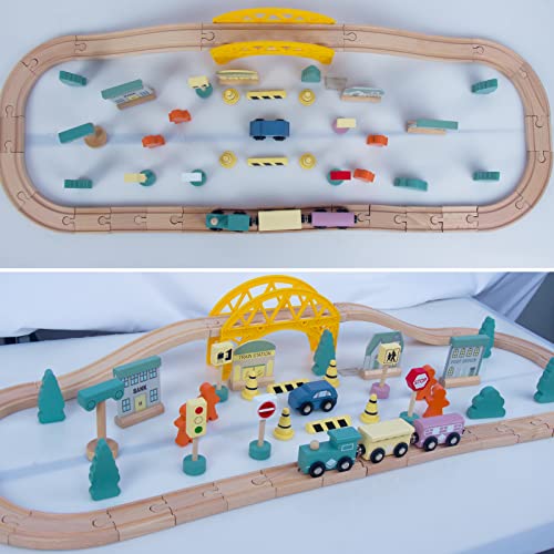 60Pcs Train Set for 3 Year Old Boys, DoubleSide Wooden Train Set