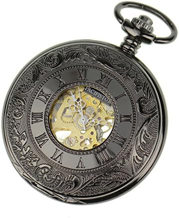 PACIFISTOR Retro Mens Black Hunter Case Skeleton Mechanical Roman Numerals Pocket Watch With Chain Gift