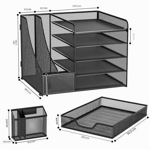 Apritsce Desk Organizer, Desk File Holder, 5 Trays Office Document Holder with Drawer and Pen Holder, Multifunctional Stationery Organizer for Office Stationery Home
