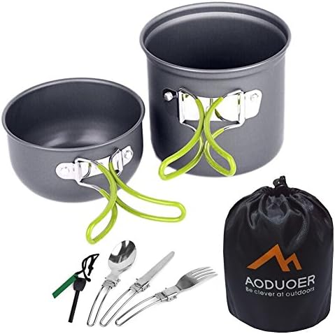 Aoduoer Camping Cookware Mess Kit Outdoor Cooking Equipment Cookset Camp Pot Pan Bowls - Free Folding Utensil Set, Mess Bag | Lightweight, Compact, Durable for Backpacking Hiking Scouts (7 Piece Set)