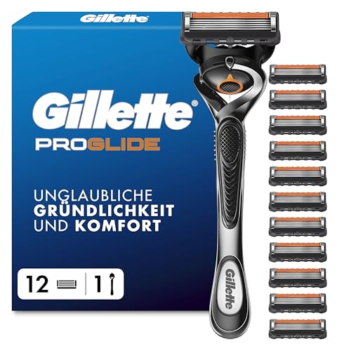 Gillette Proglide Rasierer Herren, Nassrasierer, Metall, Grau/Schwarz - Herrenrasierer, Inkl. 1 Handstück, 12 Rasierklingen mit Gleitstreifen Und 5 Kl