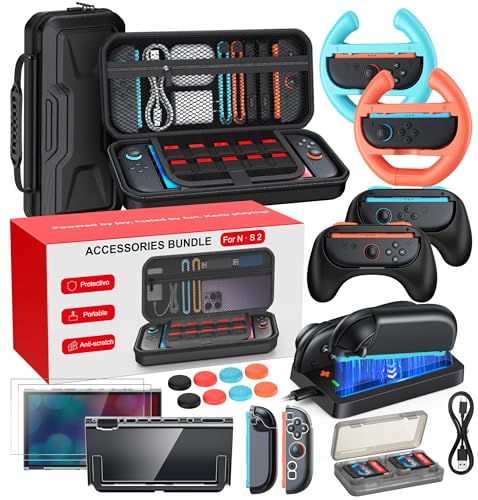 Switch 2 Accessories Bundle, 20 in 1 Game Kits, Hard Shell Carrying Case, Switch 2 Controller Charger, Screen Protector,Grips for Joy Con,Steering Wheels for Mario Kart, Clear Protective Cover Case（Gift Pack） (Black, Switch 2 7.9 Inch)