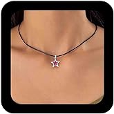 Vacaonio Gothic Star Leather Crod Choker Necklace Red Crystal Star Pendant Necklace Star Collar Necklace Black Leather Cord Necklace Jewelry for Women