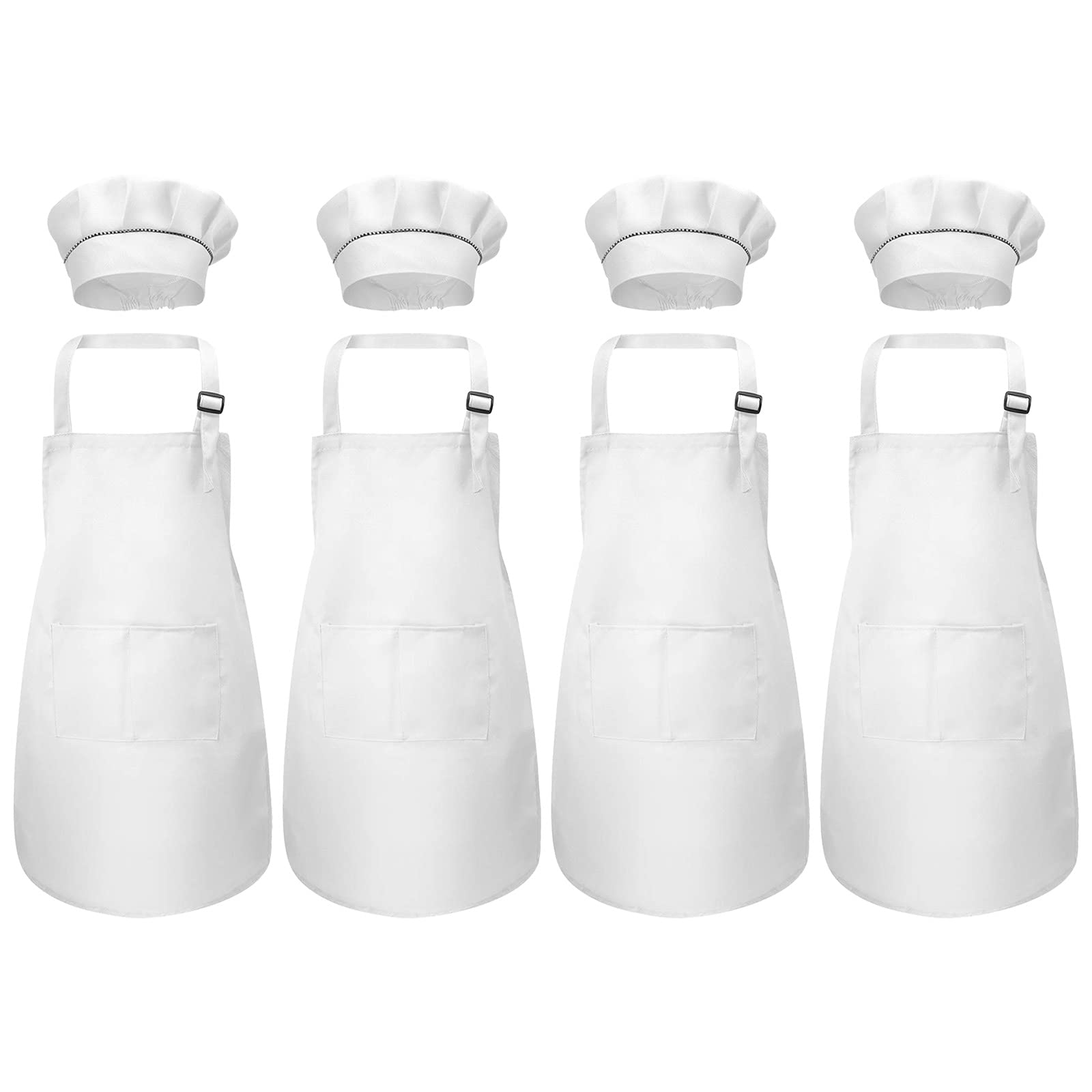 White Kids Apron and Chef Hat Set, Children Aprons for Baking Cooking Painting, Adjustable Bib Aprons with Pockets for Boys Girls Toddler Age 6-13 Years (4 Sets)