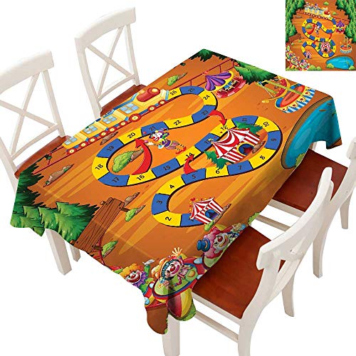Kids Activity Fabric Dust-Proof Table Cover Helping the Lost Clowns Circus Themed Colorful Cartoon Amusement Park Design Waterproof/Oil-Proof/Spill-Proof Tabletop Protector Multicolor 70" × 102"