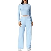 QINSEN Womens 2 Piece Sets Long Sleeve Slim Fit Crop Tops Wide Leg Pants Matching Lounge Set