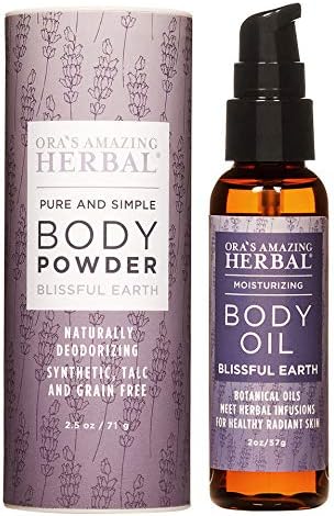 After Shower Natural Gift for Women and Men Body Oil Moisturizer and Natural Body Powder Blissful Earth Aromatherapy Set Essential Oils for RelaxationTalc-Free Paraben-Free Ora's Amazing Herbal