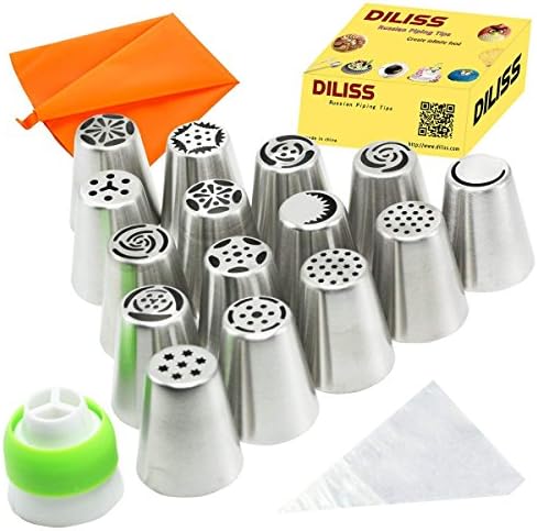 DILISS Russian Piping Tips 27-Pcs Set (15 Russian Tips 10 Disposable Pastry Bags 1 Tri-Color Coupler & 1 Reusable Silicone Pastry Bag)