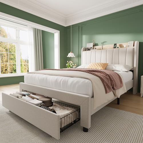 Twin Size Upholstered Bed Frame with Storage Headboard and Charging Station, Platform Bed Frame with Metal Drawers, Heavy Duty, No Box Spring Needed, Easy Assembly, Beige