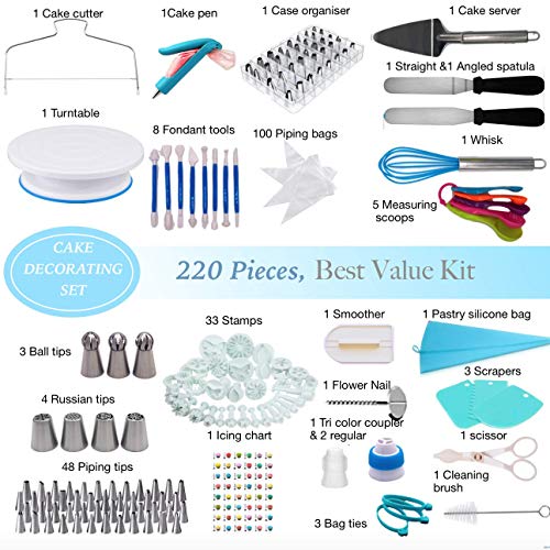 Cake Decorating Supplies | Cake Decorating Kit Baking Supplies Set | Rotating Cake Turntable Stand | Icing Piping Tips & Bags | Smoother & Spatulas, Frosting & Pastry Tools. (220 pcs Master Package)