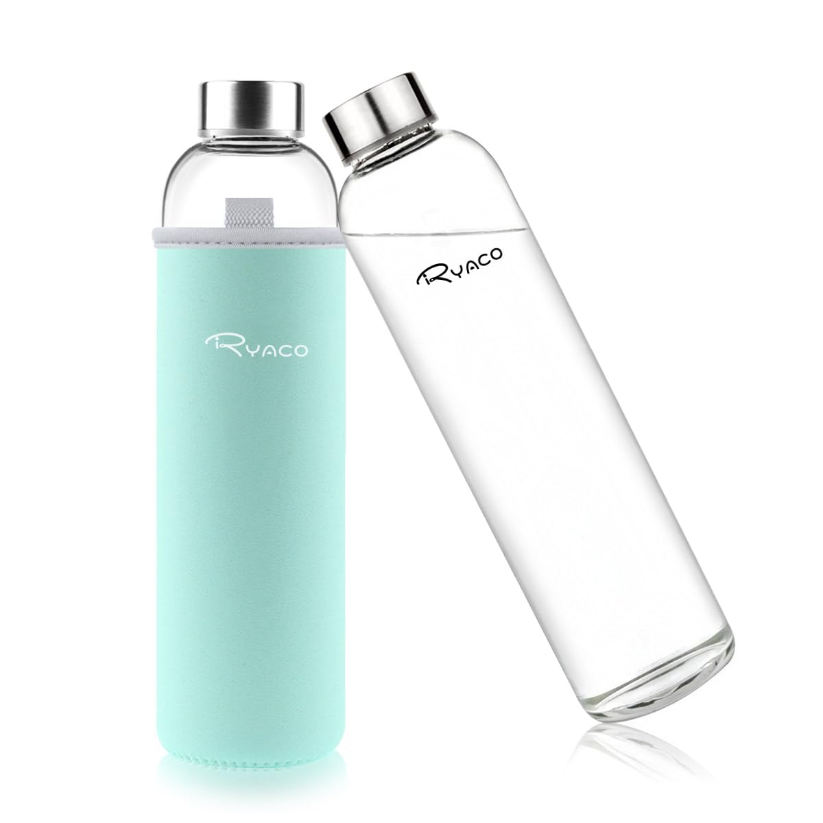 RYACO Glass Water Bottle 750ml/25oz,Borosilicate Glass Bottle with Neoprene Protective Case for Hot Cold Drinks,BPA-Free Leak Proof,Sport Water Bottles with Sponge Brush,Dishwasher Safe