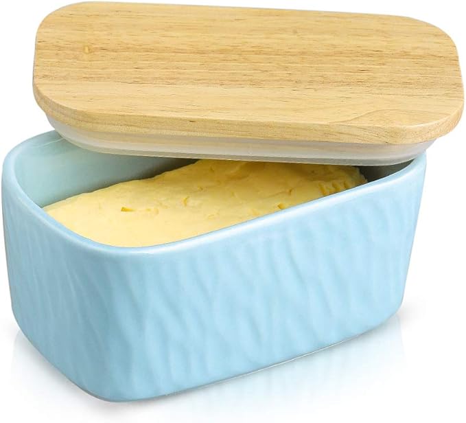 Ronnior Airtight Butter Dish, Porcelain Butter Dish with Wooden Lid