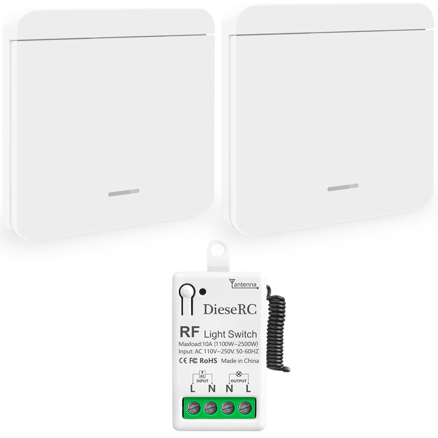 DieseRC Mini Wireless Light Switch Kit 86 Wall Panel RF Safety Switch and 10 Amp Relay receiver controller, No Wiring Easy Install, for Indoor Outdoor Light Lamp