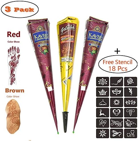 Temporary Tattoo Stencil Kits,Painting Tattoo Paste Cone,3 Tube Brown Red Paste Cone Indian Body Art Paint Drawing with 48 x Adhesive Stencil