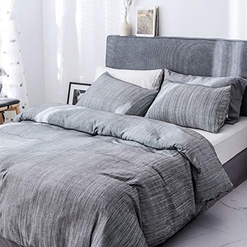 Smoofy Bedding Duvet Cover Set 3 Piece Set, Ultra Soft Brushed Microfiber Feel Like Linen, Grey, Queen - Thumbnail 2