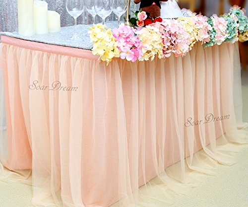 Fanqisi Tulle Table Skirt 3 Yard Light Peach Fluffy Satin Craft Table Skirting for Sweetheart Cake Table Event Birthdays Rectangle Table Decoration - Thumbnail 4