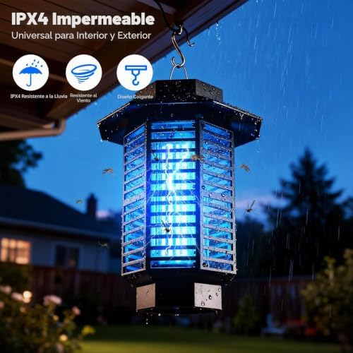 Lámpara Antimosquitos Eléctrica 4200V 18W UV Mata Mosquitos Eléctrico Silenciosa e Impermeable IPX4,Matamoscas Eléctrico Atrapa Mosquitos y Moscas,Repelente Mosquitos Eficaz para Hogar,Jardín Terraza