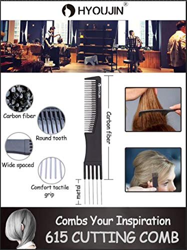 HYOUJIN 615 Black Carbon 5 Metal Prong Styling Comb Lift Teasing Comb 100% Anti static 230â„ƒ Heat Resistant for parting separate section bun hairstyle...