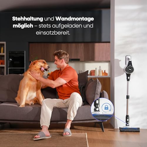 AlloyMove Battery Vacuum Cleaner 50,000 Pa/550 W/70 Min, 1.5 L Cordless Vacuum Cleaner with Anti-Tangle Brush and Wall Charging Station, 7-Layer Filter System, Super Quiet for Pet Hair, Carpets, Hard