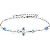 MONGAS Cross Anklet 925 Sterling Silver Created Opal Infinite Cross Ankle Bracelets Christian Catholic Jewelry Gifts for Women