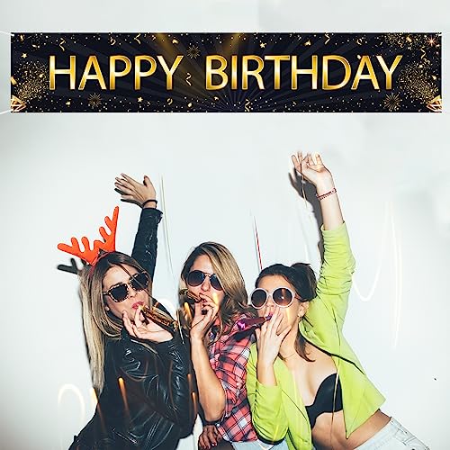 Mokonate Happy Birthday Banner Black Gold Happy Birthday Sign Banner Backdrop Happy Birthday Yard Sign for Kids Men Women Home Outdoor Party Decorations Supplies