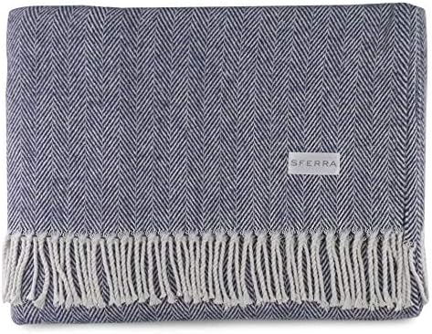 Sferra Celine Herringbone 100 Cotton Throw Blanket Navy
