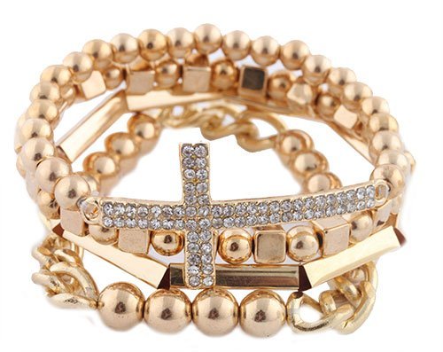 2 Sets of of Goldtone 4 Piece Bundle of Iced Out Cross, Link, & Bar Chain Beaded Stretch Bracelet (S-1921)