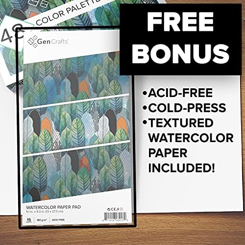 Watercolor brush set with bonus paper, pens, and art supplies on a table.