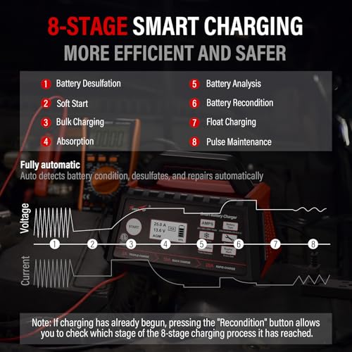TowerTop 2/10/25 Amp 12V Smart Car Battery Charger, Fully Automatic Battery Maintainer with Engine Start, Auto Desulfator, Battery Repair, Winter Mode, for AGM, STD, Gel, Deep Cycle Batteries（Red）