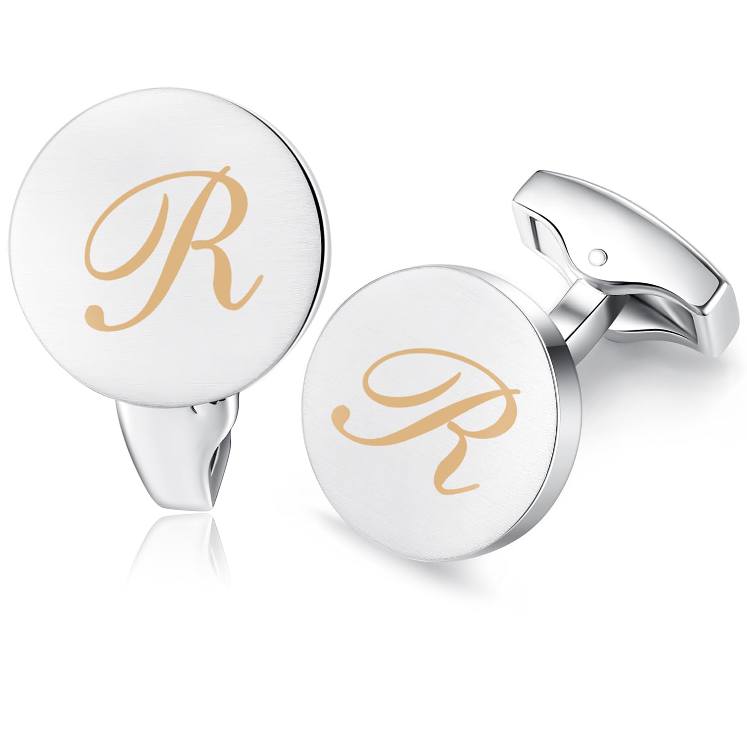 HONEY BEAR Initial Alphabet Letter Cufflinks for Men, Silver Round Shape Wedding Business Gifts A - Z (One pair R)