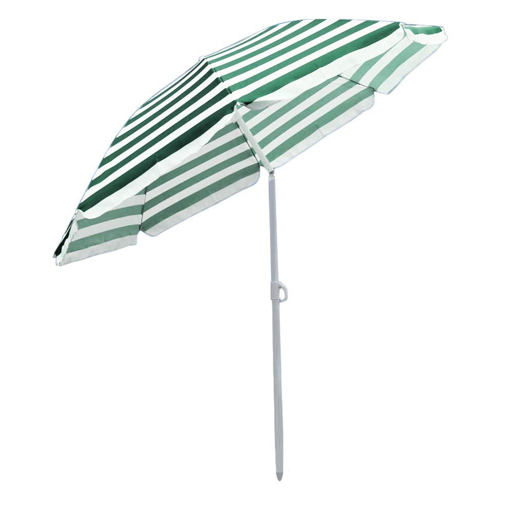Green Bay 1.8M Green-White Stripes Beach Parasol Garden Patio Camping Sun Shade UV Protection Umbrella with Tilt Mechanism