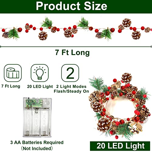 [Timer] Prelit Christmas Garland with Lights ,7 FT Xmas Pinecone Garland with 20 LED 30 Red