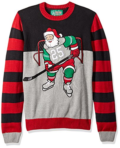 Ugly Christmas Sweater Men's Hockey Santa Sweater, Black, L