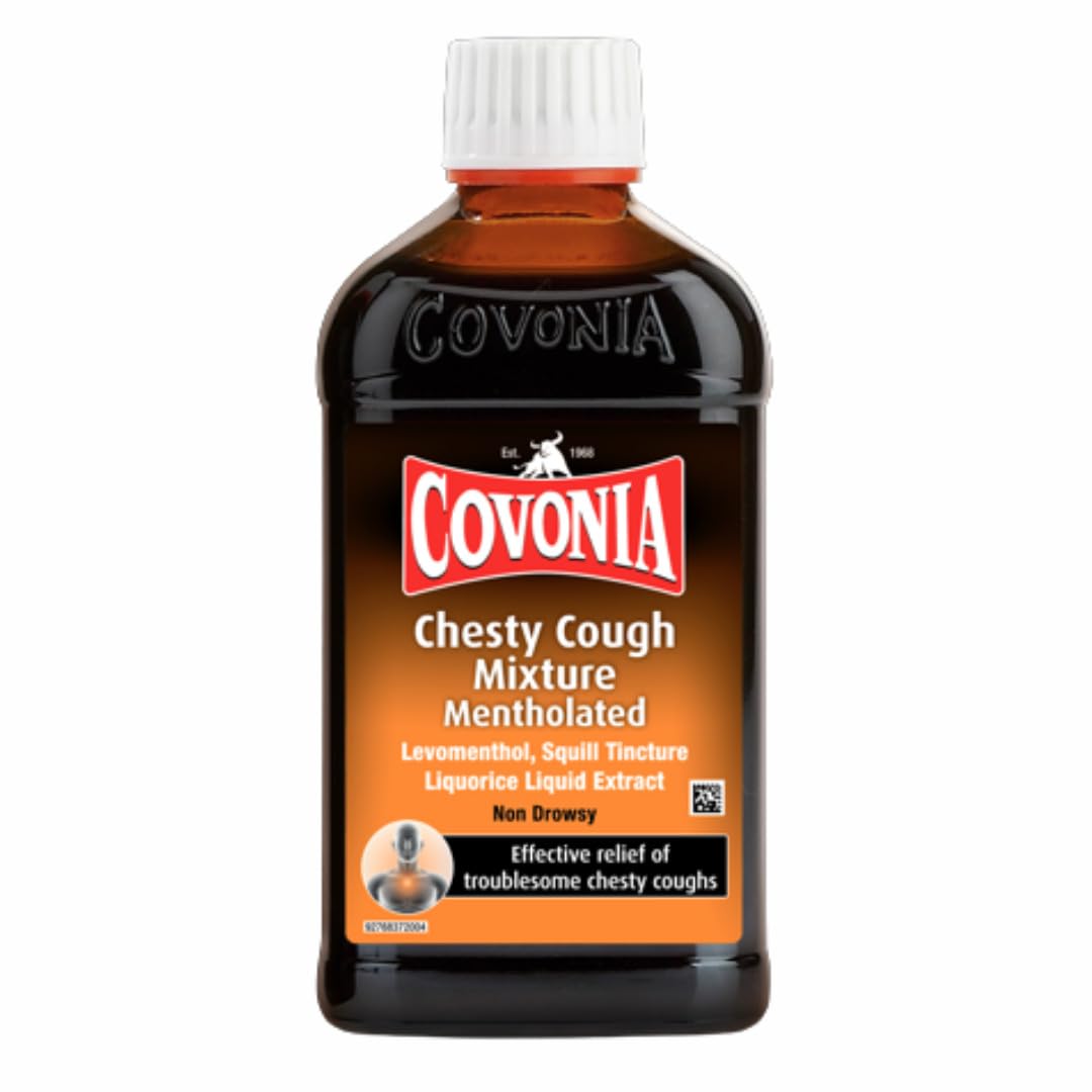 Covonia Chesty Cough Mixture Mentholated,Loosen Chesty Coughs & Troublesome Stubborn Mucus,Suitable for Vegetarians & Vegans,For Adults & Children Aged 5 +, Cough Medicine,300ml