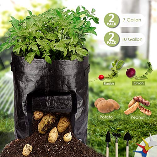 K-MAN Potato Grow Bags-4-Pack 7&10 Gallon Plant Grow Bags with Handles&Access Flap& Air Drainage Holes – PE+5% UV Material(Black/4Pcs Labels/3Pcs Tools)