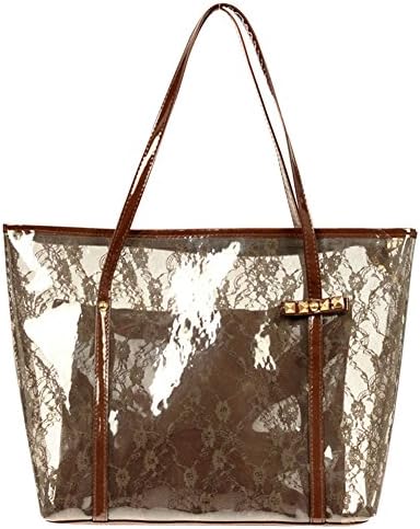 Waterproof Clear Beach Tote Shoulder Handbag Lace Beach Bag with Small Cosmetic bag (Brown)