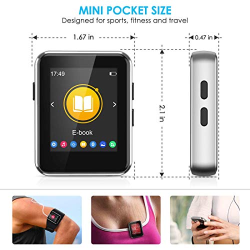Kingbox Mp3 Player with Bluetooth, Music Player with Clip Supports Full Touch Screen, Built-in Speaker, HiFi Lossless Mp3 Music Players with FM Radio, Voice Recorder (8GB, Up to 128GB)