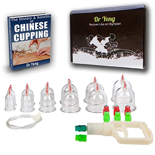 Dr Yeng 12 Pc Chinese Cupping Therapy Set - Professional Massage Equipment Kit Includes 12 Vacuum Cups & 6 Acupressure Pointers with 1 Suction Hand Pump Gun For Pain Relief, Sore Muscles, Cellulite.