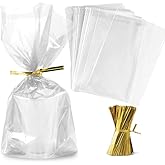 Zcintert Clear Cello Cellophane Treat Bags, 100 Pcs - 5.9" x 11.8"(2mils), Plastic Gift Bags for Candy, Party Favor, Cookies, Candies Packaging, with 4” Twist Ties