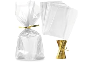 Zcintert Clear Cello Cellophane Treat Bags 100 Pcs - 11.8" x 15.8" (2mils), Plastic Gift Bags for Candy, Party Favor, Cookies, Candies Packaging, with 4” Twist Ties